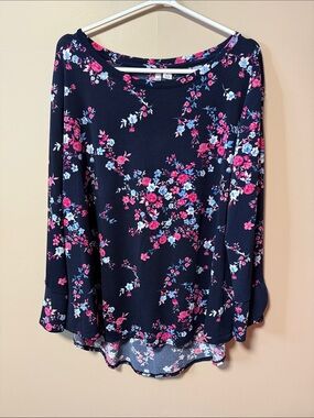 Elle Navy High-Low Floral Top with Pink & Light Blue Blooms